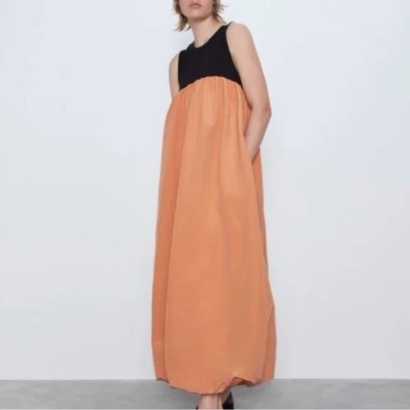 Zara Maxi Bubble Style Pleated Dress Lined Pockets Blogger Favorite Sz Small - Picture 2 of 11